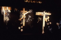 Marianismo, 1998, white conte with collage elements, wall installation, University of Texas at Dallas, 6’ x 10’