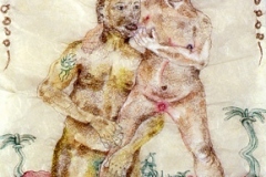 Swallow the Love and Spit out the Seeds, 2004, hand-sewn human hair with watercolor & color pencil, 19" x 18"