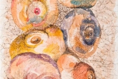 Jumble, Jumble: The Funbags, 2011, watercolor and hand-sewn human hair on canvas, 13" x 10"