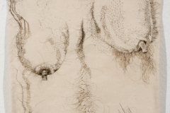 The Good Body, 2010, hand-sewn human hair on unprimed canvas, 31” x 16”