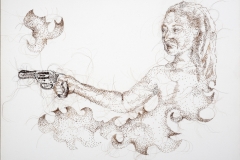 La Gancha #3, 2011, hand-sewn human hair on canvas, 10” x 13”