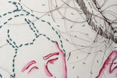 Detail, Emma Sulkowicz #2, 2017, hand-sewn human hair, thread & watercolor accent on canvas, 14” x 11”