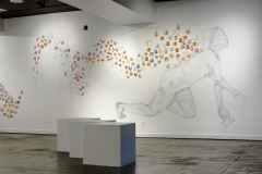 Shakedown, Breakdown, Showdown, 2018, wall drawing installation, conte & vinyl appliques, 9 ft. x 26 ft.