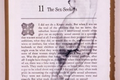 Sex Seekers, 2006, hand-sewn human hair & graphite on book page from Betty Friedan’s Feminine Mystique, 11” x 8.5”