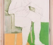 Alice Doesn\'t Live Here Anymore, 2007, hand-sewn human hair with chalk pastel, watercolor & patch, 5\' x 28\"