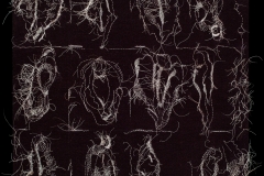 12 Angry Women, 2018, hand-sewn gray human hair on black fabric, 20.5” x 20.5\"