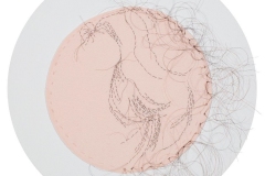 Detail, Ancestry of Anger, 2016, hand-sewn human hair on fabric, each 8” diameter