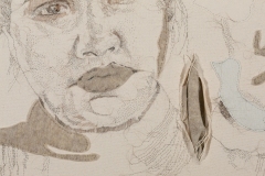 Dreamer, 2025, hand-stitched human hair, felt, fabric, thread on unprimed canvas, 27.5\" x 41.25\" — Photography by Mariah Richstone