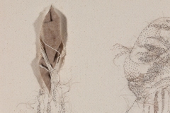 Dreamer, 2025, hand-stitched human hair, felt, fabric, thread on unprimed canvas, 27.5\" x 41.25\" — Photography by Mariah Richstone