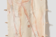 Jane Marches #2, 2021, hand-sewn human hair, gesso, conte, fabric, thread & appliques on unprimed & unstretched canvas, 61\" x 39.5\"