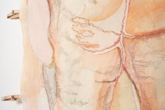 Detail, Jane Marches #2, 2021, hand-sewn human hair, gesso, conte, fabric, thread & appliques on unprimed & unstretched canvas, 61\" x 39.5\"