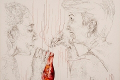 One Bourbon, One Scotch, One Beer, 2015, hand-sewn human hair with thread and watercolor accent, 31\" x 25\"