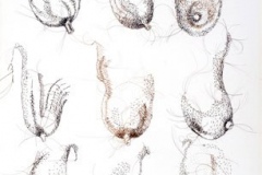 Personages, 2011, hand-sewn human hair on canvas, 13\" x 10\"