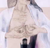 Wasn\'t I Always A Friend To You, 2007, hand-sewn human hair with gesso, acrylic & patch, 68\" x 30\"
