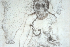 Woman Under the Influence, 2008, hand-sewn human hair on canvas, 16" x 17"