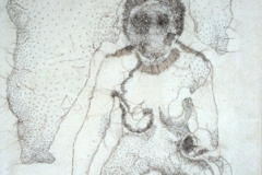 Woman Under the Influence, 2008, hand-sewn human hair on canvas, 16\" x 17\"