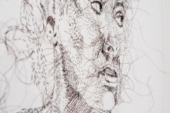 Detail, Cry, Die or Just Make Pies, 2013, hand-sewn human hair on canvas, 15\" x 13\"