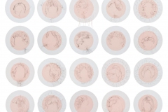 Ancestry of Anger, 2016-2018, hand-sewn human hair on fabric, each 8” diameter, 60\" x 48\" installed