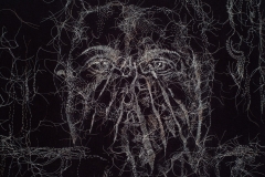 Detail, Yo Tambien, 2018, hand-sewn gray human hair on black twill fabric, 25” x 21”