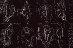 Detail, 12 Angry Women, 2018, hand-sewn gray human hair on black fabric, 20.5” x 20.5”