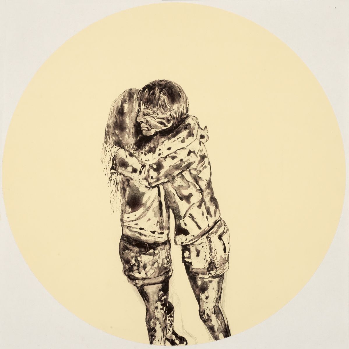 Detail, Hug Me Two Times, Girl, 2014, liquid graphite on vinyl applique, 13" circles, installation dimensions vary.