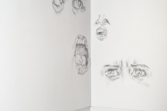 Not Angry, You’re Not Paying Attention, 2019, conte and specialty fabric on wall, drawing installation at the Fitton Center for Creative Arts, each wall is 8’ x 6’