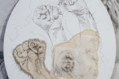Detail, Slow Burn, 2018, specialty fabric, hand - sewn human hair, mylar, canvas, 43” x 55”