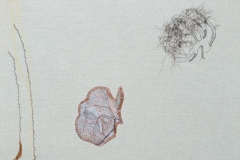  Sí, se puede (Yes, we can),  2025, hand-stitched human hair, specialty fabric, machine sewn thread, hand-sewn thread, yellow ochre pastel, tan felt, crochet piece, 32” x 58”, Photography by Mariah Richstone