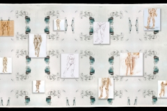 Groundswell, 2020-21, installation with specialty fabric and 15 artworks on canvas and board (these are unframed), 4’ x 12’