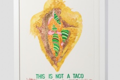 This is Not a Taco, Detail of The Invisible Woman Syndrome installation,  2022, framed watercolor with thread and applique, image credit: form &  concept and photographer credit: Byron Flesher