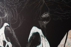 Detail, Graces, Nalgonas, Marias, 2022-2023, hand-sewn human gray hair, specialty fabric with thread on black twill fabric, 34” x 38” x 2 ¼”, Image courtesy of form & concept. Photography by Byron Flesher.