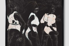 Graces, Nalgonas, Marias, 2022-2023, hand-sewn human gray hair, specialty fabric with thread on black twill fabric, 34” x 38” x 2 ¼”, Image courtesy of form & concept. Photography by Byron Flesher.
